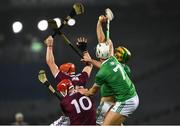 29 November 2020; Limerick full back Dan Morrissey wins possession of the sliotar ahead of his team-mate Kyle Hayes, 7, and Galway players Joe Canning, 10 and Conor Whelan during the GAA Hurling All-Ireland Senior Championship Semi-Final match between Limerick and Galway at Croke Park in Dublin. Photo by Ray McManus/Sportsfile