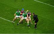 29 November 2020; Referee James Owens throws in the ball between Darragh O’Donovan, left, and William O’Donoghue of Limerick and Johnny Coen, left, and Padraic Mannion of Galway to start the GAA Hurling All-Ireland Senior Championship Semi-Final match between Limerick and Galway at Croke Park in Dublin. Photo by Daire Brennan/Sportsfile