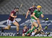 29 November 2020; Seamus Flanagan of Limerick in action against Galway players, Seán Loftus, Padraic Mannion and Aidan Harte during the GAA Hurling All-Ireland Senior Championship Semi-Final match between Limerick and Galway at Croke Park in Dublin. Photo by Brendan Moran/Sportsfile