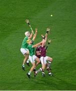 29 November 2020; Kyle Hayes, left, and Diarmaid Byrnes of Limerick in action against Conor Whelan, left, and Joe Canning of Galway during the GAA Hurling All-Ireland Senior Championship Semi-Final match between Limerick and Galway at Croke Park in Dublin. Photo by Daire Brennan/Sportsfile