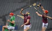 29 November 2020; Conor Cooney of Galway, centre, in action against team-mate Conor Whelan and Barry Nash of Limerick during the GAA Hurling All-Ireland Senior Championship Semi-Final match between Limerick and Galway at Croke Park in Dublin. Photo by Brendan Moran/Sportsfile