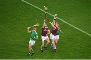 29 November 2020; Conor Cooney, left, and Conor Whelan of Galway in action against Barry Nash, left, and Sean Finn of Limerick during the GAA Hurling All-Ireland Senior Championship Semi-Final match between Limerick and Galway at Croke Park in Dublin. Photo by Daire Brennan/Sportsfile