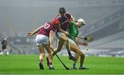 29 November 2020; Kyle Hayes of Limerick clashes with Joe Canning, left, and Joseph Cooney of Galway during the GAA Hurling All-Ireland Senior Championship Semi-Final match between Limerick and Galway at Croke Park in Dublin. Photo by Brendan Moran/Sportsfile