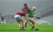 29 November 2020; Joe Canning, left, and Joseph Cooney of Galway clash with Kyle Hayes of Limerick during the GAA Hurling All-Ireland Senior Championship Semi-Final match between Limerick and Galway at Croke Park in Dublin. Photo by Brendan Moran/Sportsfile