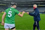 29 November 2020; Galway manager Shane O'Neill, right, fist bumps Diarmaid Byrnes of Limerick after the GAA Hurling All-Ireland Senior Championship Semi-Final match between Limerick and Galway at Croke Park in Dublin. Photo by Brendan Moran/Sportsfile