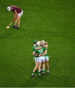 29 November 2020; William O’Donoghue, left, Cian Lynch, and Kyle Hayes of Limerick celebrate, and Daithí Burke of Galway reacts after the GAA Hurling All-Ireland Senior Championship Semi-Final match between Limerick and Galway at Croke Park in Dublin. Photo by Daire Brennan/Sportsfile
