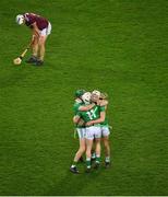 29 November 2020; William O’Donoghue, left, Cian Lynch, and Kyle Hayes of Limerick celebrate, and Daithí Burke of Galway reacts after the GAA Hurling All-Ireland Senior Championship Semi-Final match between Limerick and Galway at Croke Park in Dublin. Photo by Daire Brennan/Sportsfile