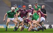 29 November 2020; Fintan Burke of Galway, centre, contests possession with Cian Lynch, left, and Kyle Hayes of Limerick during the GAA Hurling All-Ireland Senior Championship Semi-Final match between Limerick and Galway at Croke Park in Dublin. Photo by Brendan Moran/Sportsfile