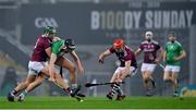 29 November 2020; Gearoid Hegarty of Limerick is tackled by Fintan Burke, left, and Conor Whelan of Galway during the GAA Hurling All-Ireland Senior Championship Semi-Final match between Limerick and Galway at Croke Park in Dublin. Photo by Brendan Moran/Sportsfile