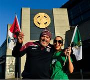 29 November 2020; Husband and wife supporters on opposite sides, Olivia and Rory Colohan, originally from Castletroy, Limerick, and Ballinasloe, Galway, pose for a picture outside Croke Park in advanve of the GAA Hurling All-Ireland Senior Championship Semi-Final match between Limerick and Galway at Croke Park in Dublin. No spectators are permitted inside the grounds during the COVID-19 pandemic.  Photo by Ray McManus/Sportsfile