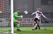 29 November 2020; John Mountney of Dundalk heads his side's fourth goal past Paddy Martin of Athlone Town during the Extra.ie FAI Cup Semi-Final match between Athlone Town and Dundalk at the Athlone Town Stadium in Athlone, Westmeath. Photo by Harry Murphy/Sportsfile