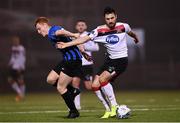 29 November 2020; Jordan Flores of Dundalk in action against Mark Birrane of Athlone Town during the Extra.ie FAI Cup Semi-Final match between Athlone Town and Dundalk at the Athlone Town Stadium in Athlone, Westmeath. Photo by Harry Murphy/Sportsfile
