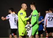 29 November 2020; Dundalk goalkeeper Gary Rogers with Athlone Town goalkeeper Paddy Martin following during the Extra.ie FAI Cup Semi-Final match between Athlone Town and Dundalk at Athlone Town Stadium in Athlone, Westmeath. Photo by Stephen McCarthy/Sportsfile