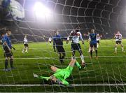 29 November 2020; Nathan Oduwa of Dundalk scores his side's eighth goal past Athlone Town goalkeeper Paddy Martin during the Extra.ie FAI Cup Semi-Final match between Athlone Town and Dundalk at Athlone Town Stadium in Athlone, Westmeath. Photo by Stephen McCarthy/Sportsfile