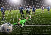 29 November 2020; Nathan Oduwa of Dundalk scores his side's eighth goal past Athlone Town goalkeeper Paddy Martin during the Extra.ie FAI Cup Semi-Final match between Athlone Town and Dundalk at Athlone Town Stadium in Athlone, Westmeath. Photo by Stephen McCarthy/Sportsfile