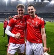 28 November 2020; Seánie Crosbie and Gavin Kerrigan of Louth after the Lory Meagher Cup Final match between Fermanagh and Louth at Croke Park in Dublin. Photo by Ray McManus/Sportsfile