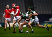 28 November 2020; Adnrew Mackin of Louth in action against Andrew Breslin and Francis McBrien of Fermanagh during the Lory Meagher Cup Final match between Fermanagh and Louth at Croke Park in Dublin. Photo by Ray McManus/Sportsfile
