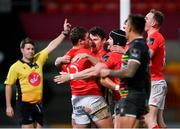 30 November 2020; Dan Goggin, left, celebrates with Munster team-mates after scoring his side's first try during the Guinness PRO14 match between Munster and Zebre at Thomond Park in Limerick. Photo by Ramsey Cardy/Sportsfile