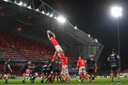 30 November 2020; Jack O'Donoghue of Munster wins possession in the lineout during the Guinness PRO14 match between Munster and Zebre at Thomond Park in Limerick. Photo by Ramsey Cardy/Sportsfile