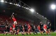 30 November 2020; Jack O'Donoghue of Munster wins possession in the lineout against Lorenzo Masselli of Zebre during the Guinness PRO14 match between Munster and Zebre at Thomond Park in Limerick. Photo by Ramsey Cardy/Sportsfile