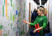 30 November 2020; Diane Caldwell admires school kids artwork following a Republic of Ireland training session at Tallaght Stadium in Dublin. Photo by Stephen McCarthy/Sportsfile