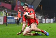 30 November 2020; Thomas Ahern of Munster dives over to score a try during the Guinness PRO14 match between Munster and Zebre at Thomond Park in Limerick. Photo by Ramsey Cardy/Sportsfile