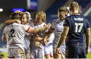 30 November 2020; John Andrew, second from left, of Ulster celebrates with team-mates after scoring his third try during the Guinness PRO14 match between Edinburgh and Ulster at BT Murrayfield in Edinburgh, Scotland. Photo by Paul Devlin/Sportsfile