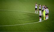 29 November 2020; Dundalk players stand for a moments silence in memory of the late Diego Maradona during the Extra.ie FAI Cup Semi-Final match between Athlone Town and Dundalk at Athlone Town Stadium in Athlone, Westmeath. Photo by Stephen McCarthy/Sportsfile