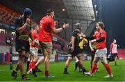 30 November 2020; Thomas Ahern, 4, celebrates with Munster team-mate Craig Casey after scoring a try during the Guinness PRO14 match between Munster and Zebre at Thomond Park in Limerick. Photo by Ramsey Cardy/Sportsfile