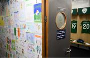 30 November 2020; School kids artwork is seen outside the Republic of Ireland dressing room prior to a Republic of Ireland training session at Tallaght Stadium in Dublin. Photo by Stephen McCarthy/Sportsfile
