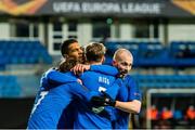 3 December 2020; Magnus Wolff Eikrem of Molde celebrates with Ohikhuaeme Anthony Omoijuanfo and Eirik Hestad after scoring their opening goal during the UEFA Europa League Group B match between Molde FK and Dundalk at Molde Stadion in Molde, Norway. Photo by Marius Simensen/Sportsfile