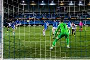 3 December 2020; Jordan Flores of Dundalk scores his side's goal past Molde FK goalkeeper Andreas Linde during the UEFA Europa League Group B match between Molde FK and Dundalk at Molde Stadion in Molde, Norway. Photo by Marius Simensen/Sportsfile