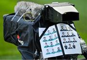 5 December 2020; A view of teamsheets taped to a broadcast camera the Autumn Nations Cup match between Ireland and Scotland at the Aviva Stadium in Dublin. Photo by Seb Daly/Sportsfile