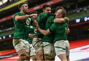 5 December 2020; Keith Earls of Ireland celebrates with team-mates after scoring his side's third try during the Autumn Nations Cup match between Ireland and Scotland at the Aviva Stadium in Dublin. Photo by Ramsey Cardy/Sportsfile