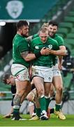 5 December 2020; Keith Earls of Ireland is congratulated by team-mates Andrew Porter, left, and Robbie Henshaw after scoring his side's first try during the Autumn Nations Cup match between Ireland and Scotland at the Aviva Stadium in Dublin. Photo by Seb Daly/Sportsfile