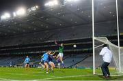 5 December 2020; Robert McDaid of Dublin shoots to score his side's first goal past Cavan goalkeeper Raymond Galligan during the GAA Football All-Ireland Senior Championship Semi-Final match between Cavan and Dublin at Croke Park in Dublin. Photo by Stephen McCarthy/Sportsfile