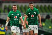 5 December 2020; Jonathan Sexton, right, and Peter O'Mahony of Ireland during the Autumn Nations Cup match between Ireland and Scotland at the Aviva Stadium in Dublin. Photo by Ramsey Cardy/Sportsfile