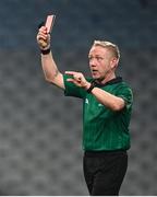 5 December 2020; Referee Ciarán Branagan shows a red card to Thomas Galligan of Cavan during the GAA Football All-Ireland Senior Championship Semi-Final match between Cavan and Dublin at Croke Park in Dublin. Photo by Eóin Noonan/Sportsfile