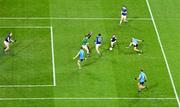 5 December 2020; Niall Scully of Dublin takes a shot on goal which was blocked by Oisín Kiernan of Cavan and Cavan goalkeeper Raymond Galligan during the GAA Football All-Ireland Senior Championship Semi-Final match between Cavan and Dublin at Croke Park in Dublin. Photo by Piaras Ó Mídheach/Sportsfile