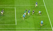 5 December 2020; Niall Scully of Dublin takes a shot on goal which was blocked by Oisín Kiernan of Cavan and Cavan goalkeeper Raymond Galligan during the GAA Football All-Ireland Senior Championship Semi-Final match between Cavan and Dublin at Croke Park in Dublin. Photo by Piaras Ó Mídheach/Sportsfile