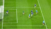 5 December 2020; Niall Scully of Dublin takes a shot on goal which was blocked by Oisín Kiernan of Cavan and Cavan goalkeeper Raymond Galligan during the GAA Football All-Ireland Senior Championship Semi-Final match between Cavan and Dublin at Croke Park in Dublin. Photo by Piaras Ó Mídheach/Sportsfile