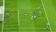 5 December 2020; Niall Scully of Dublin takes a shot on goal which was blocked by Oisín Kiernan of Cavan and Cavan goalkeeper Raymond Galligan during the GAA Football All-Ireland Senior Championship Semi-Final match between Cavan and Dublin at Croke Park in Dublin. Photo by Piaras Ó Mídheach/Sportsfile