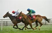 6 December 2020; Power Of Pause, right, with David Mullins up, races alongside eventual second place Crosshill, with Robbie Power up, on their way to winning the Irish Racing Industry Fundraiser For Children's Health Foundation Crumlin In Memory Of Pat Smullen Rated Novice Hurdle at Punchestown Racecourse in Kildare. Photo by Seb Daly/Sportsfile