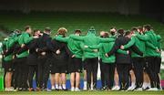 5 December 2020; Ireland players and management during a team huddle prior to the Autumn Nations Cup match between Ireland and Scotland at the Aviva Stadium in Dublin. Photo by Seb Daly/Sportsfile