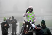 6 December 2020; Jockey Patrick Mullins enters the winners enclosure after riding Min to victory in the John Durkan Memorial Punchestown Steeplechase at Punchestown Racecourse in Kildare. Photo by Seb Daly/Sportsfile