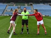 6 December 2020; Captains Louise Ward of Galway, left, and Doireann O'Sullivan of Cork, right, and Referee Seamus Mulvihill, centre, prior to the TG4 All-Ireland Senior Ladies Football Championship Semi-Final match between Cork and Galway at Croke Park in Dublin. Photo by Ray McManus/Sportsfile