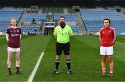 6 December 2020; Captains Louise Ward of Galway, left, and Doireann O'Sullivan of Cork, right, and Referee Seamus Mulvihill, centre, prior to the TG4 All-Ireland Senior Ladies Football Championship Semi-Final match between Cork and Galway at Croke Park in Dublin. Photo by Ray McManus/Sportsfile