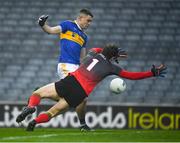 6 December 2020; Mayo goalkeeper David Clarke saves a shot from Michael Quinlivan of Tipperary in the 5th minute of the GAA Football All-Ireland Senior Championship Semi-Final match between Mayo and Tipperary at Croke Park in Dublin. Photo by Ray McManus/Sportsfile