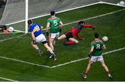 6 December 2020; Brian Fox of Tipperary shoots to score his side's first goal despite the efforts of Mayo goalkeeper David Clarke during the GAA Football All-Ireland Senior Championship Semi-Final match between Mayo and Tipperary at Croke Park in Dublin. Photo by Sam Barnes/Sportsfile