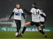 6 December 2020; Sean Hoare of Dundalk warms-up wearing a t-shirt in tribute to the late Dundalk groundsman and videographer Harry Taaffe prior to the Extra.ie FAI Cup Final match between Shamrock Rovers and Dundalk at the Aviva Stadium in Dublin. Photo by Stephen McCarthy/Sportsfile